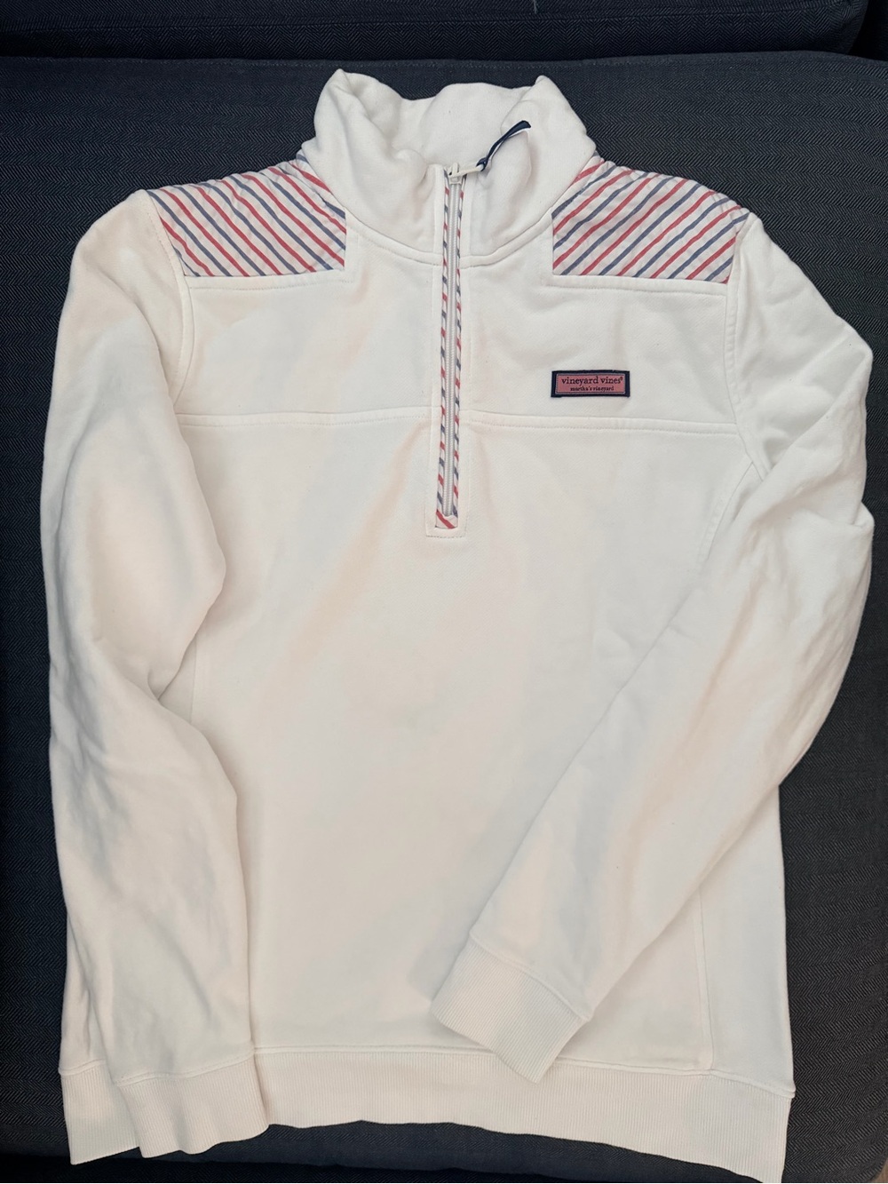 Vineyard Vines White Quarter-Zip Pullover w/ Red & Blue Stripe Accent Shep shirt
